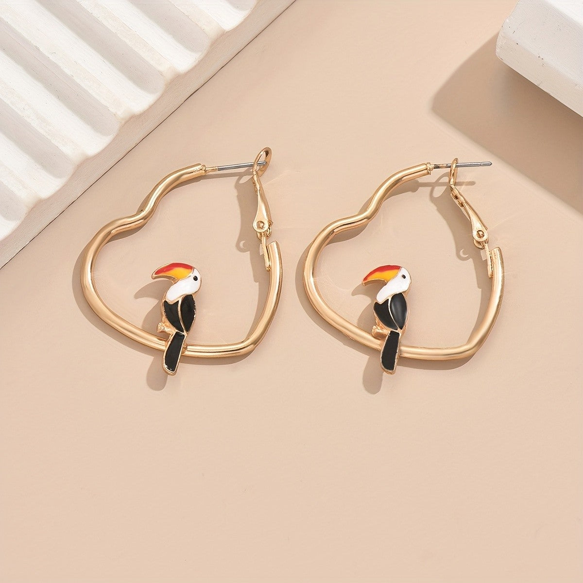 Vintage Toucan Heart Hoop Earrings