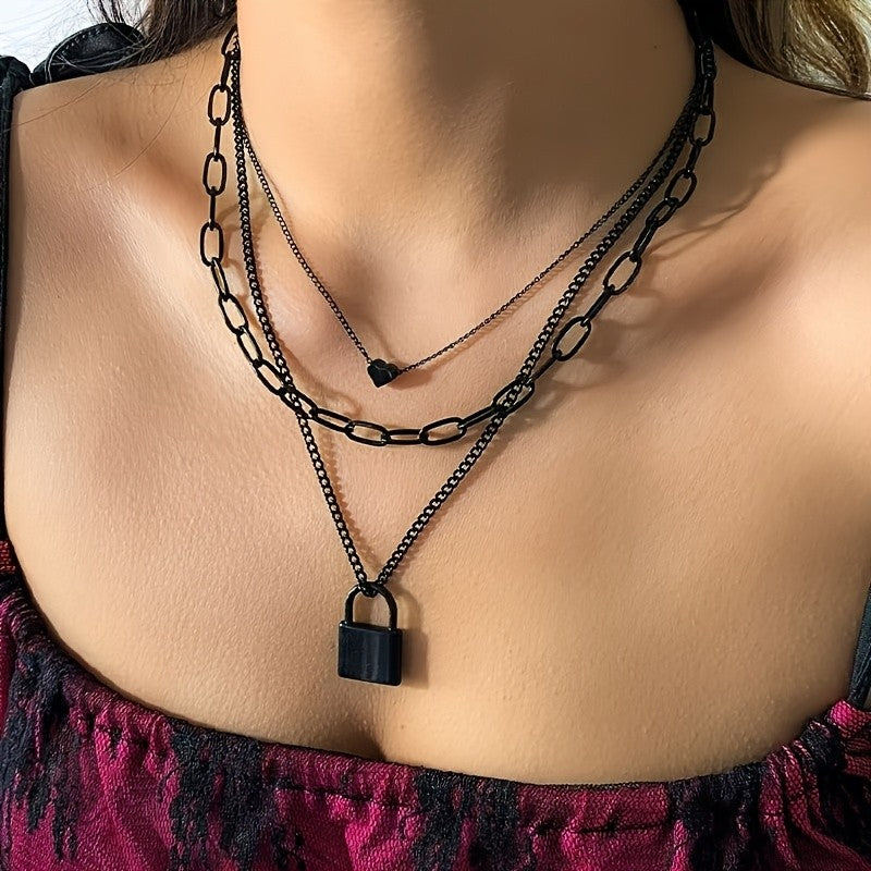 Layered Black Heart Lock Necklace