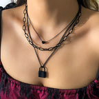 Layered Black Heart Lock Necklace