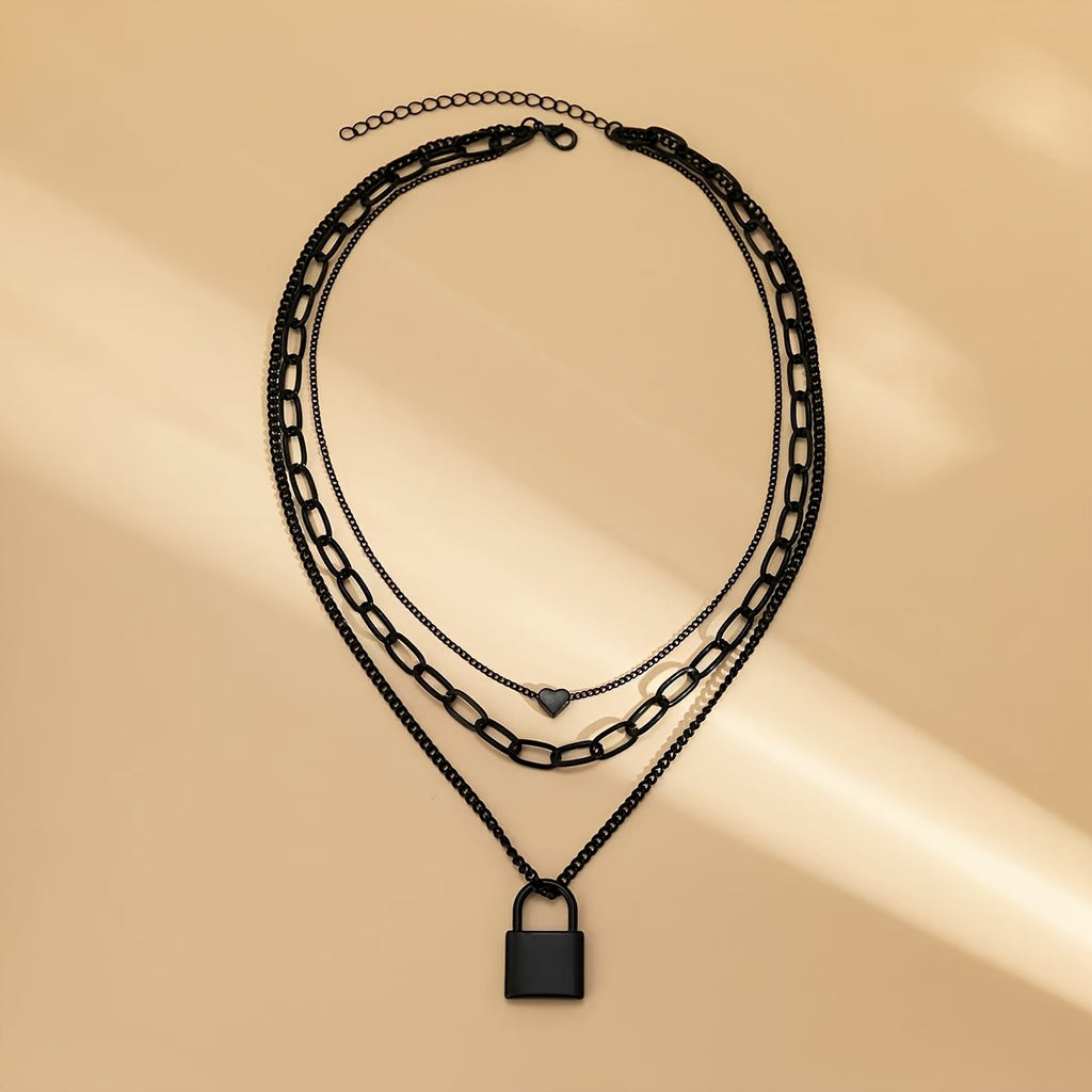 Layered Black Heart Lock Necklace