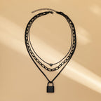 Layered Black Heart Lock Necklace