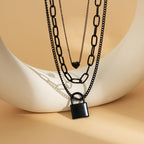Layered Black Heart Lock Necklace