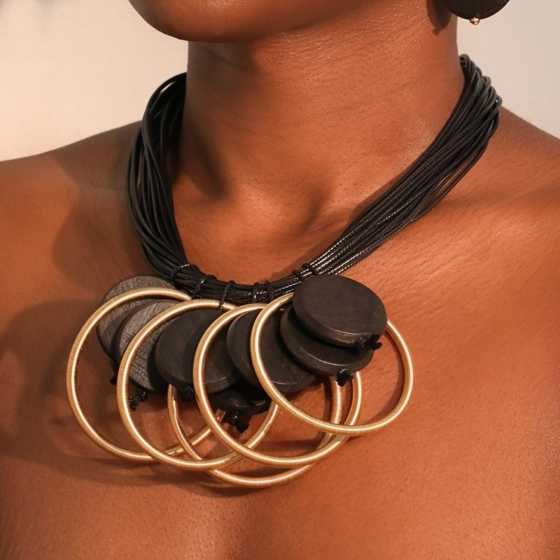 Multi-Strand Black Cord Large Hoop Necklace