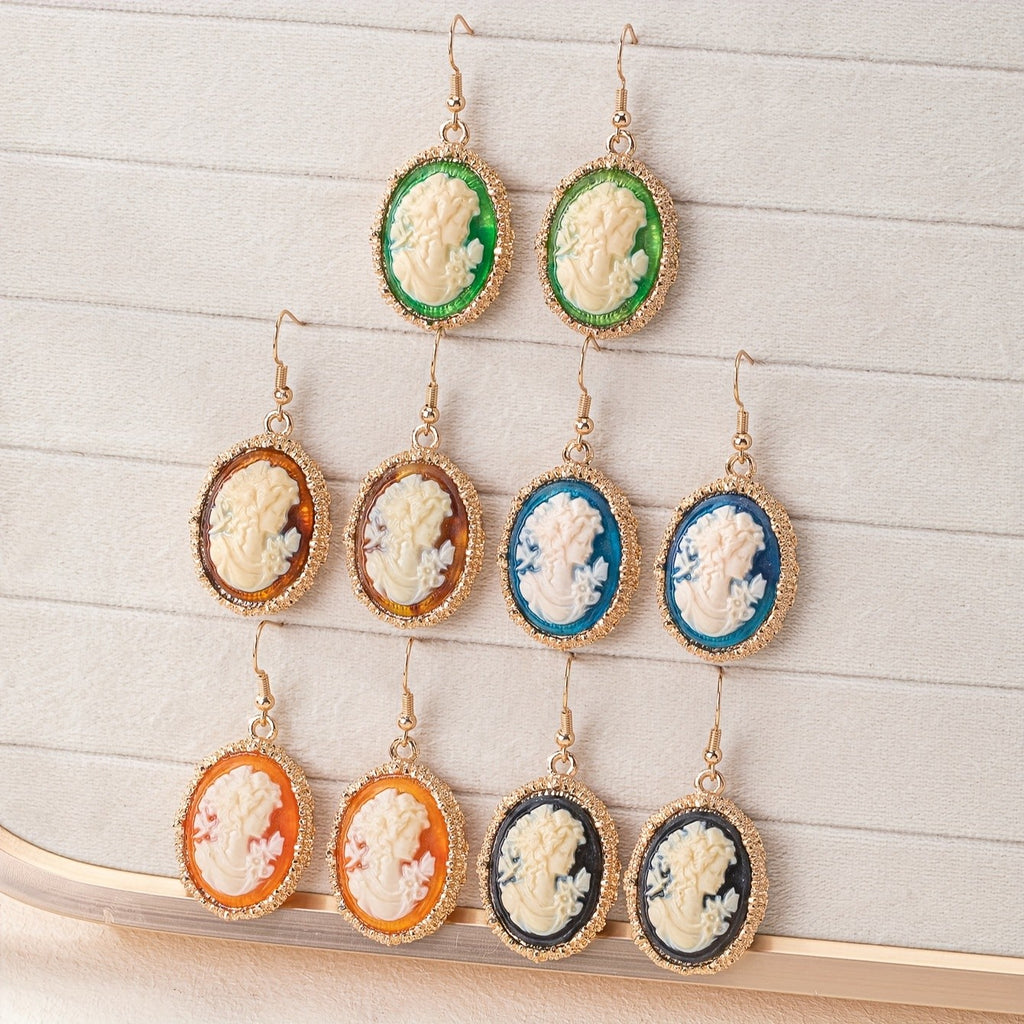 Vintage Oval Cameo Drop Earrings