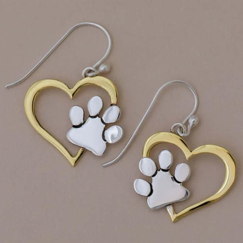 Two Tone Heart Paw Print Drop Earrings