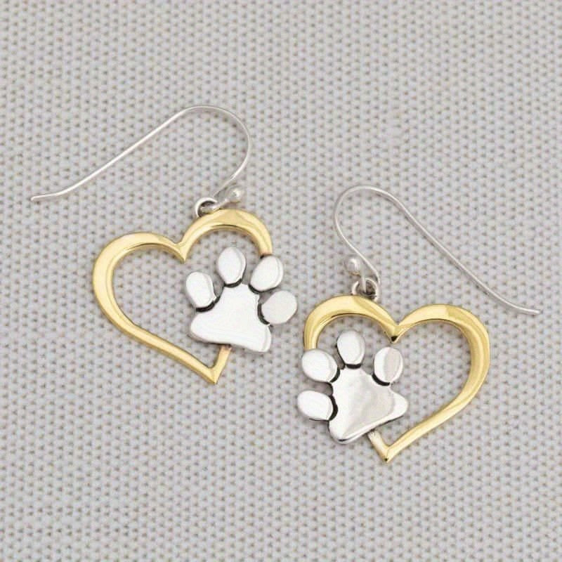 Two Tone Heart Paw Print Drop Earrings
