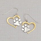 Two Tone Heart Paw Print Drop Earrings