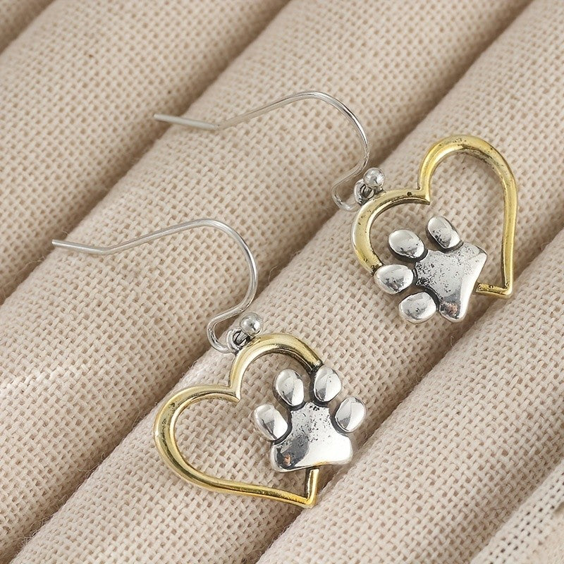 Two Tone Heart Paw Print Drop Earrings