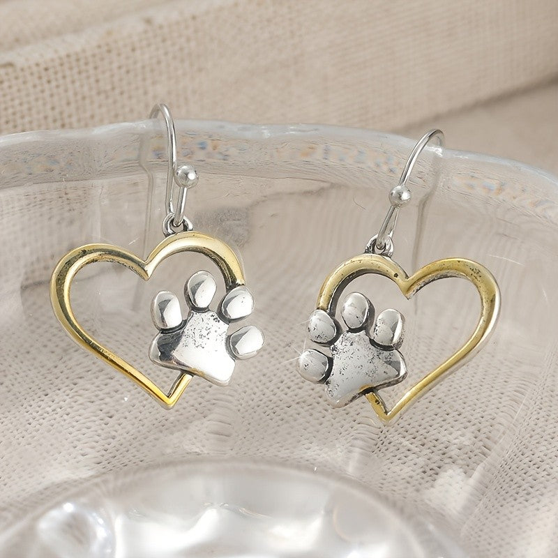 Two Tone Heart Paw Print Drop Earrings