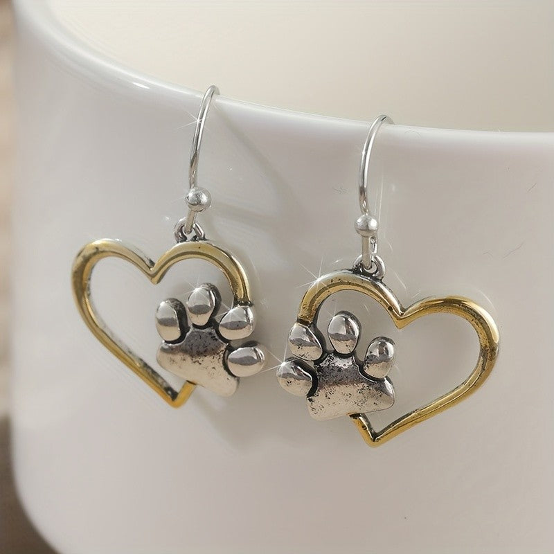 Two Tone Heart Paw Print Drop Earrings