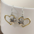 Two Tone Heart Paw Print Drop Earrings