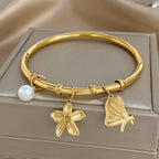 Flower Butterfly Pearl Charm Bangle