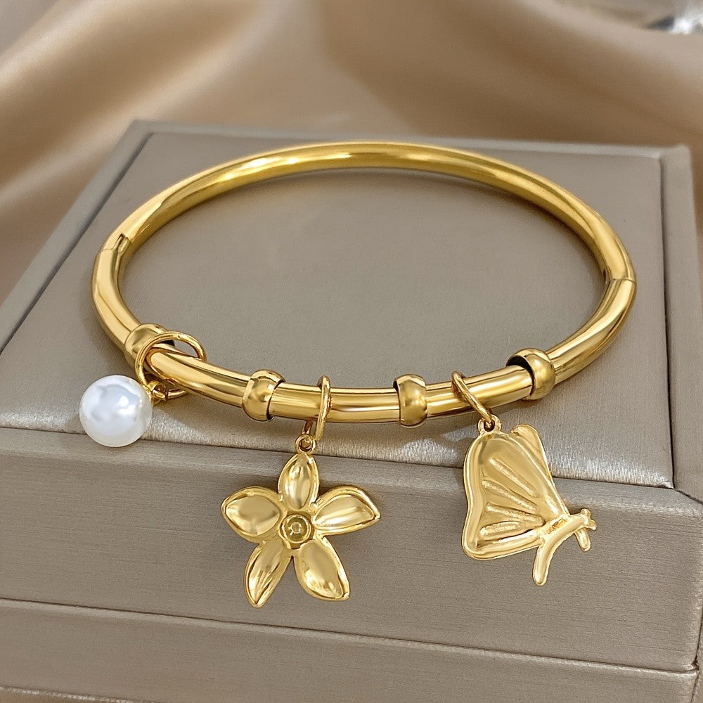 Flower Butterfly Pearl Charm Bangle