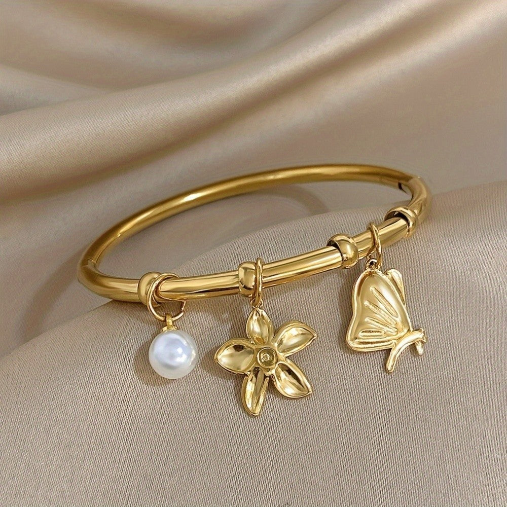 Flower Butterfly Pearl Charm Bangle