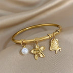 Flower Butterfly Pearl Charm Bangle