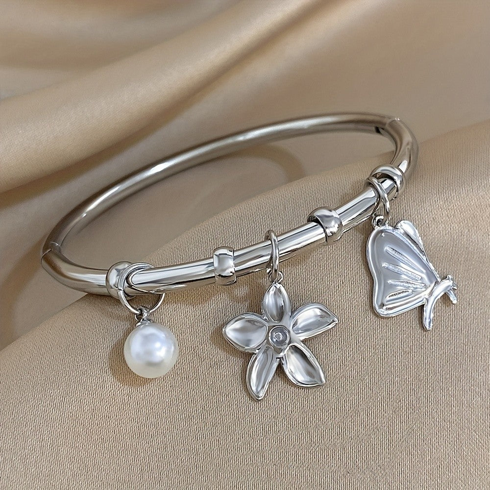 Flower Butterfly Pearl Charm Bangle