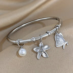 Flower Butterfly Pearl Charm Bangle