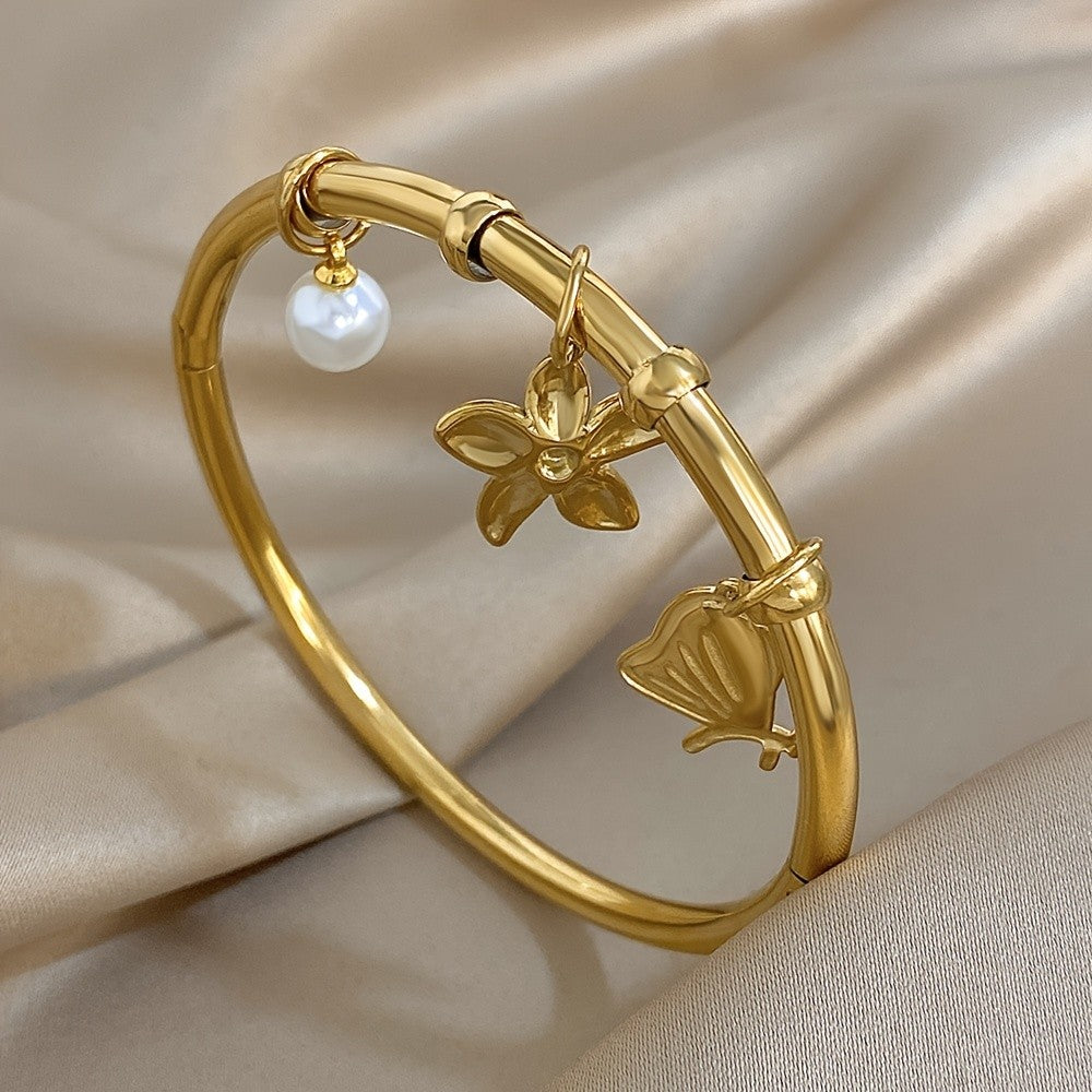 Flower Butterfly Pearl Charm Bangle