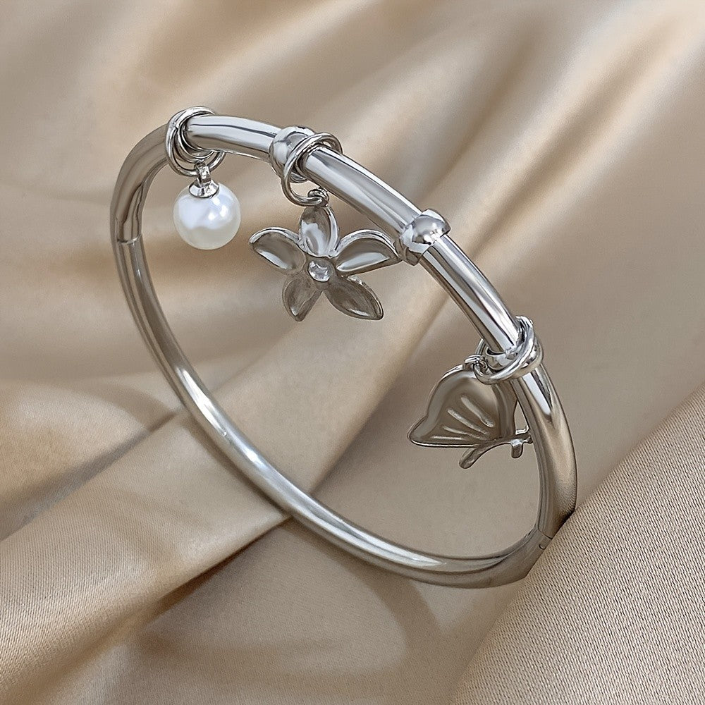 Flower Butterfly Pearl Charm Bangle