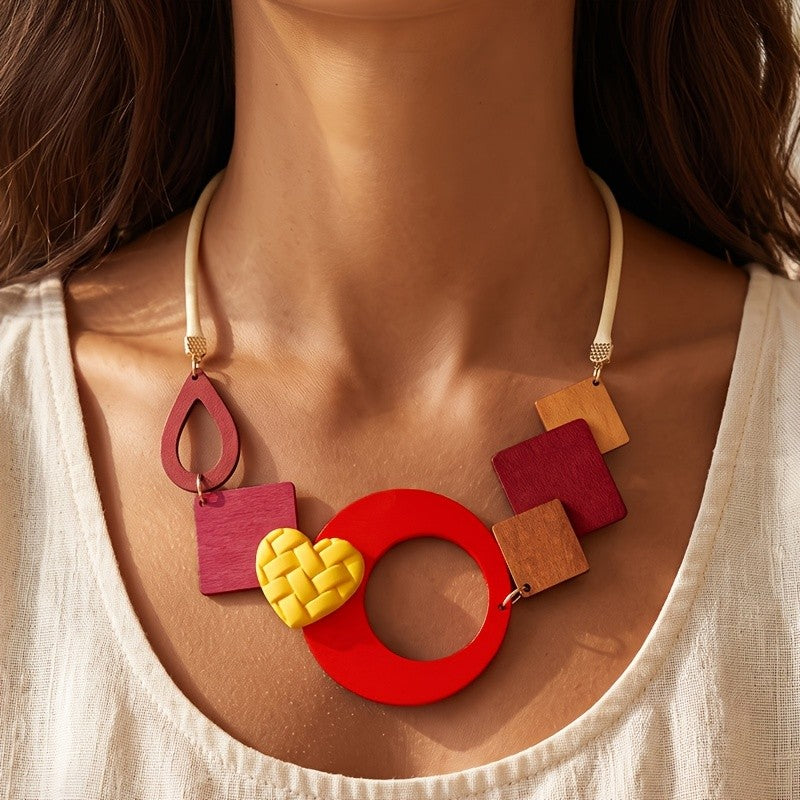 Geometric Wood Heart Collar Necklace