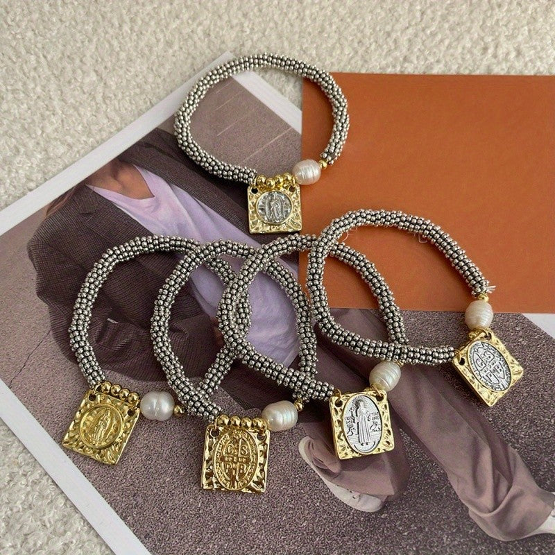 18k Square Portrait Pearl Bracelet
