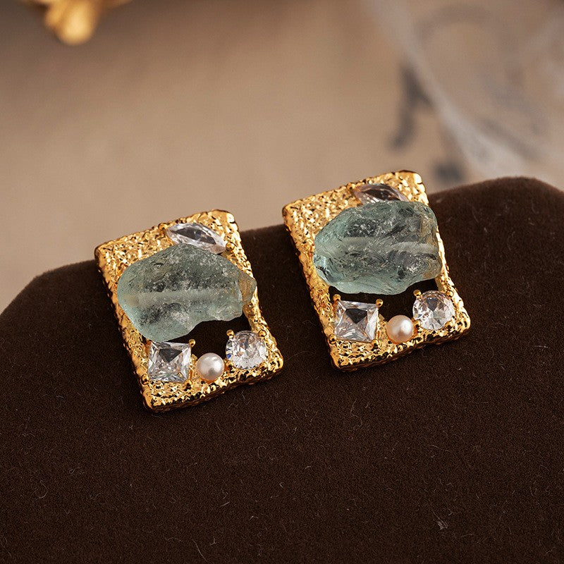 French Square Stone Stud Earrings