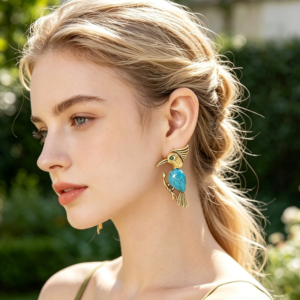 18k Vintage Turquoise Bird Earrings