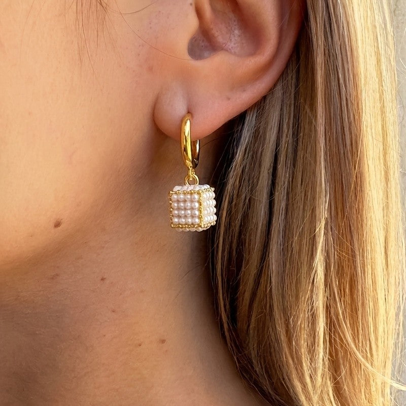 Geometric Pearl Cube Drop Earrings