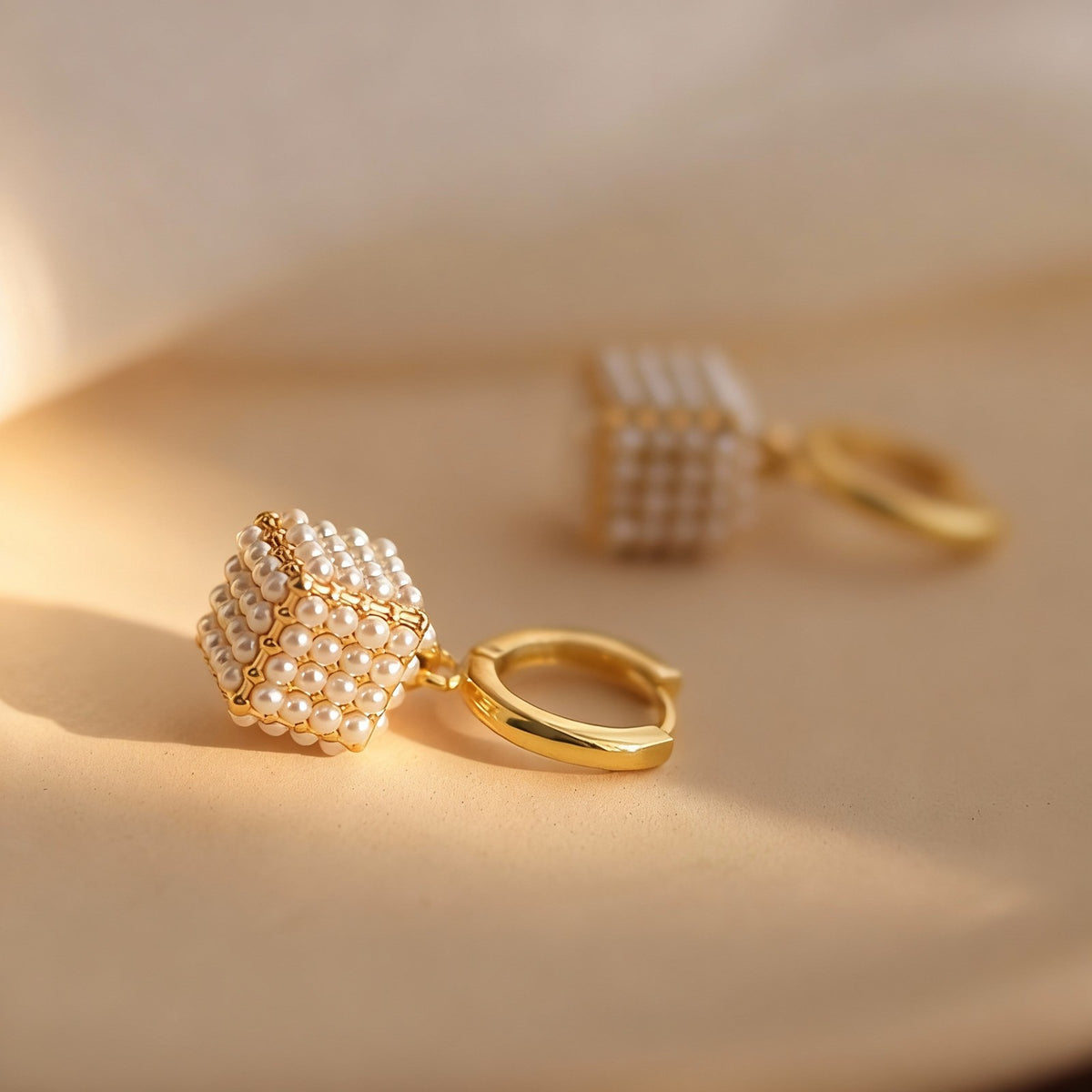Geometric Pearl Cube Drop Earrings