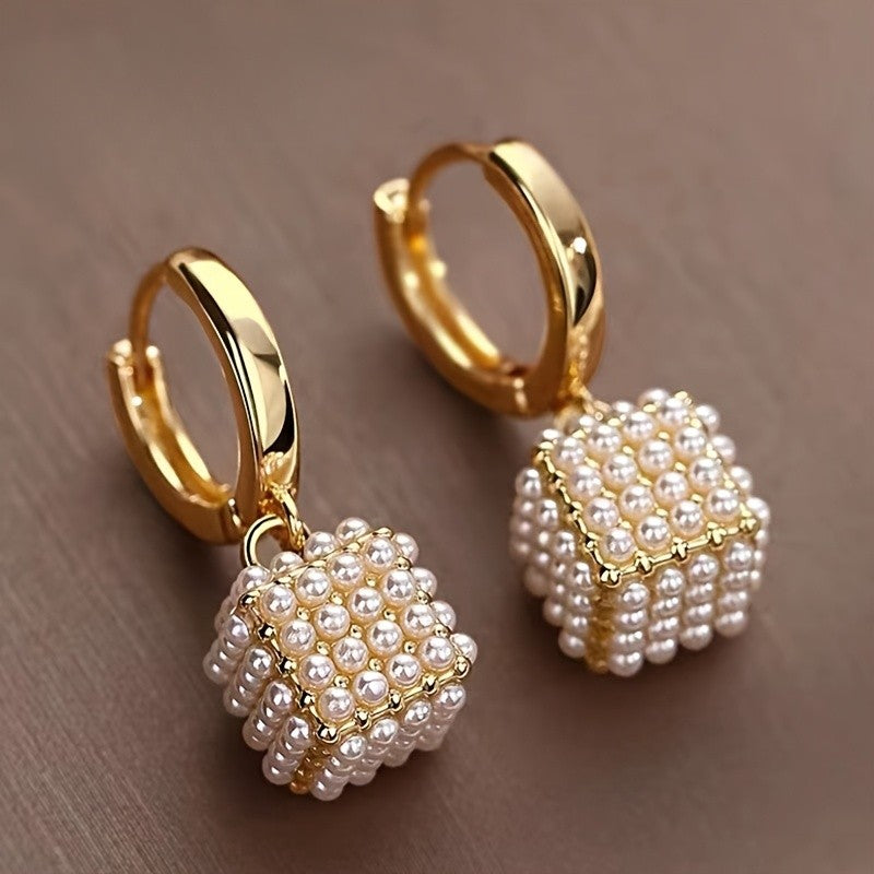 Geometric Pearl Cube Drop Earrings
