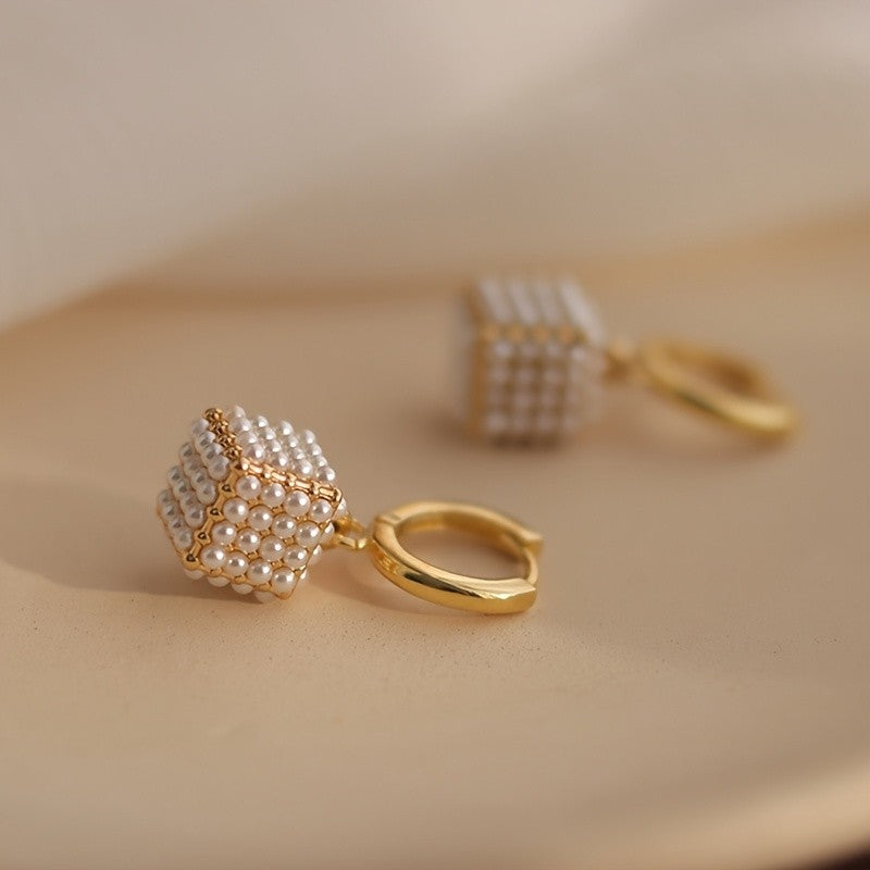 Geometric Pearl Cube Drop Earrings