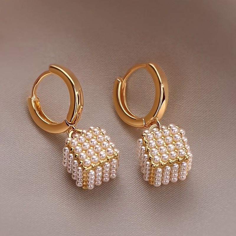 Geometric Pearl Cube Drop Earrings