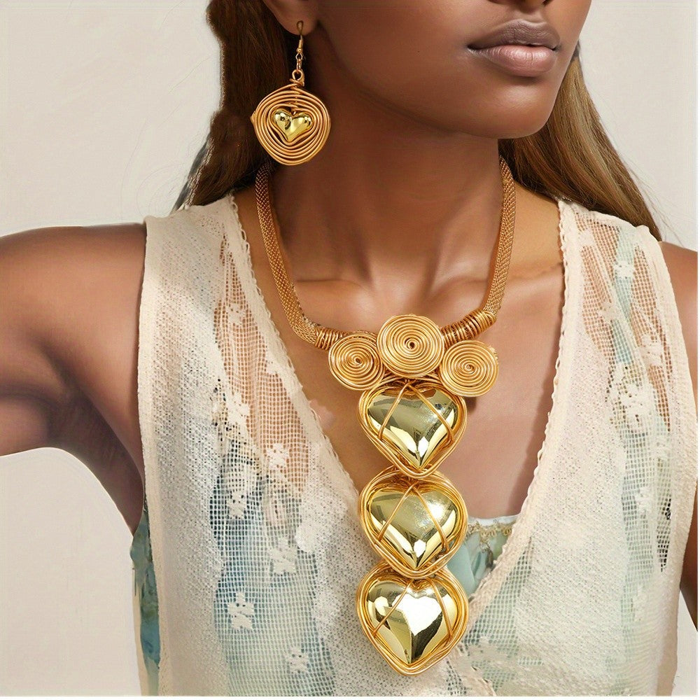 Vintage Gold Heart Coil Necklace Set