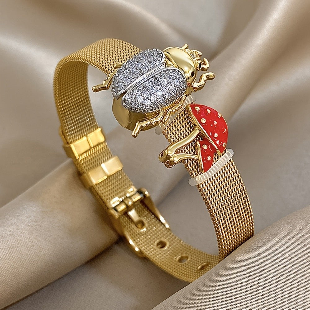 Vintage Beetle and Mushroom Mesh Bracelet