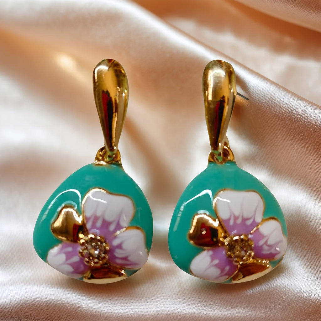 Vintage Teal Enamel Flower Drop Earrings