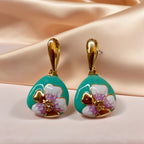 Vintage Teal Enamel Flower Drop Earrings