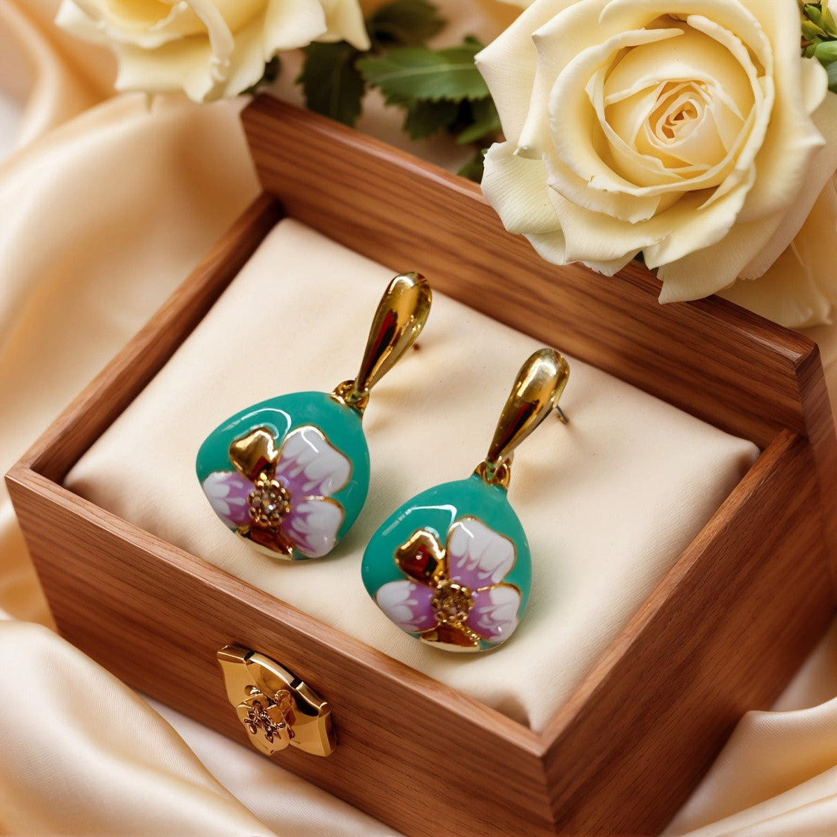 Vintage Teal Enamel Flower Drop Earrings