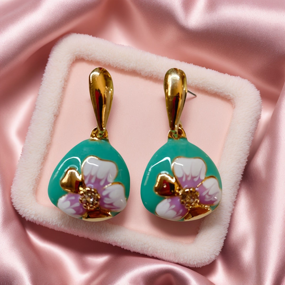 Vintage Teal Enamel Flower Drop Earrings