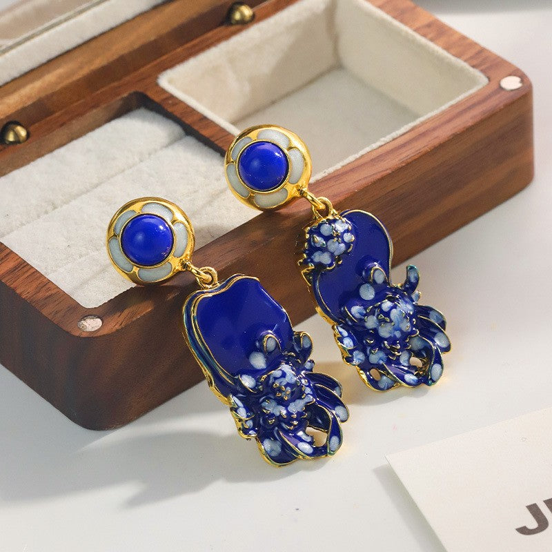 Vintage Blue Enamel Flower Drop Earrings