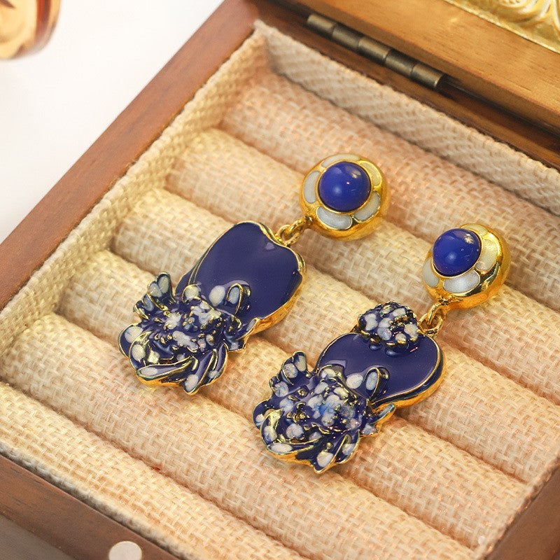 Vintage Blue Enamel Flower Drop Earrings