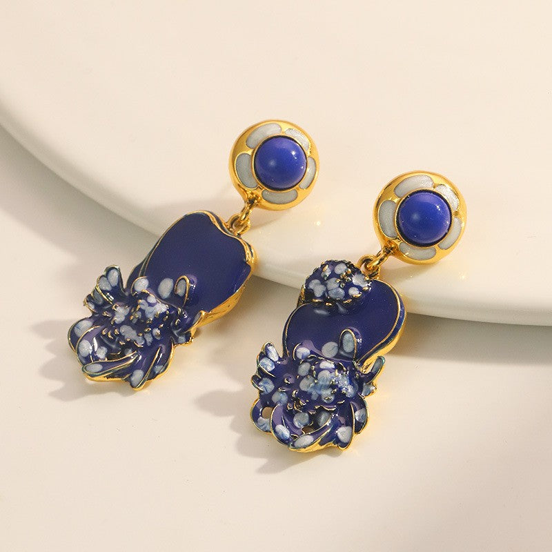 Vintage Blue Enamel Flower Drop Earrings