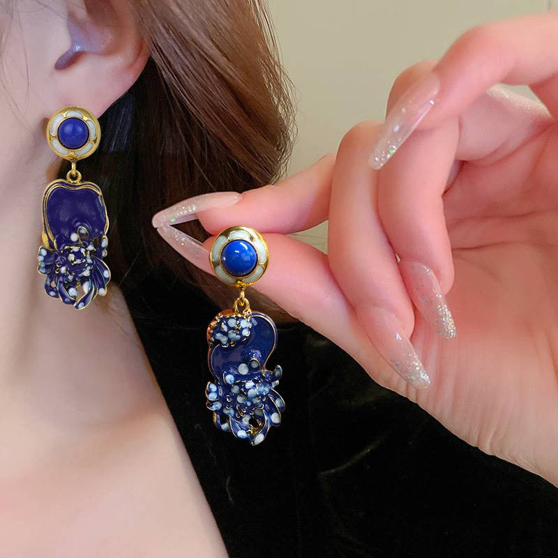 Vintage Blue Enamel Flower Drop Earrings