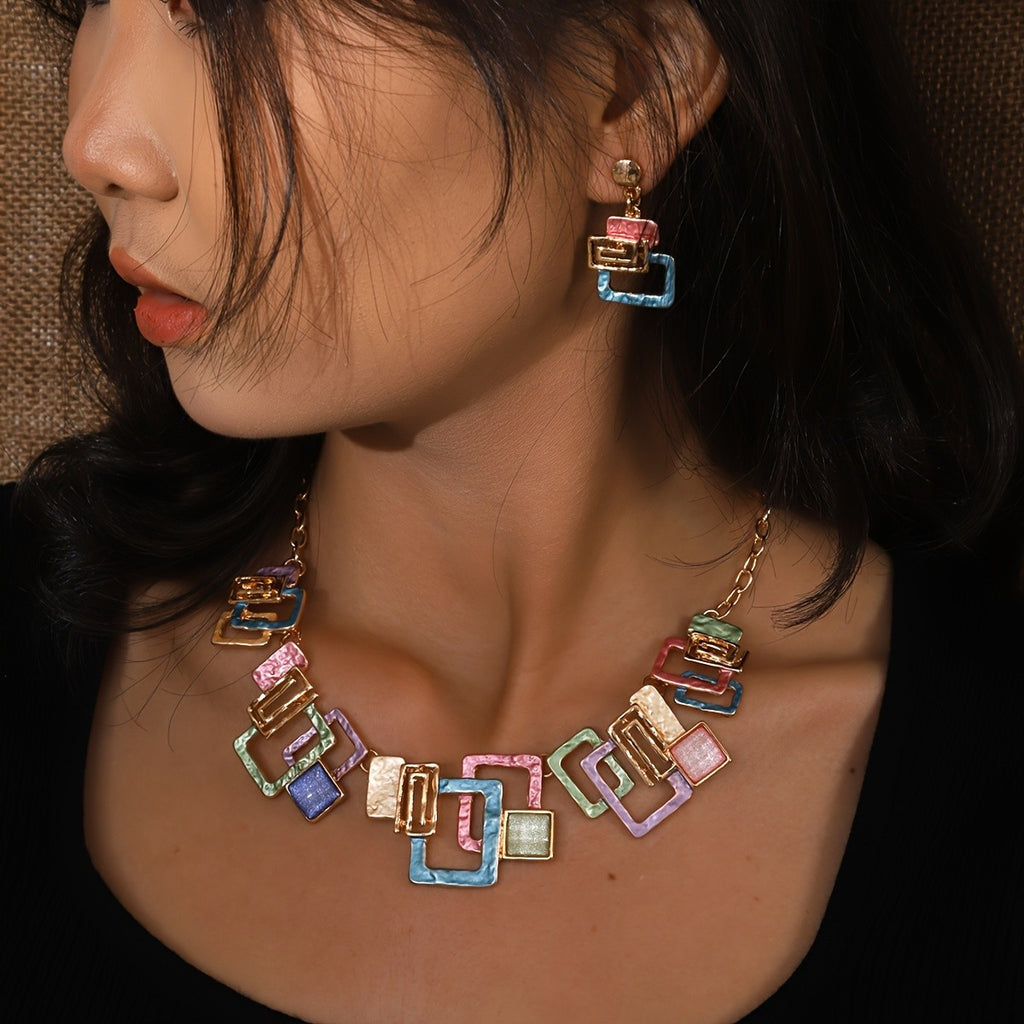 Bohemian Geometric Resin Necklace and Earring Set