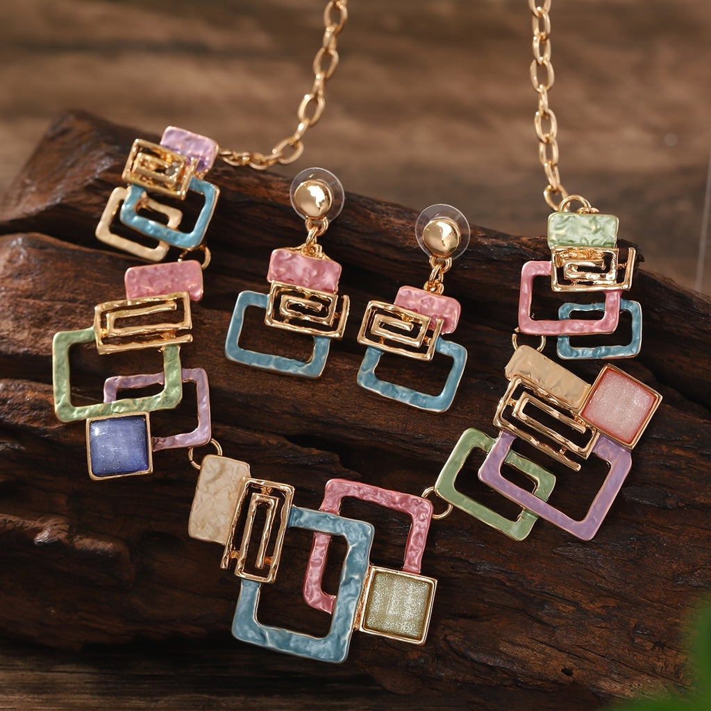 Bohemian Geometric Resin Necklace and Earring Set