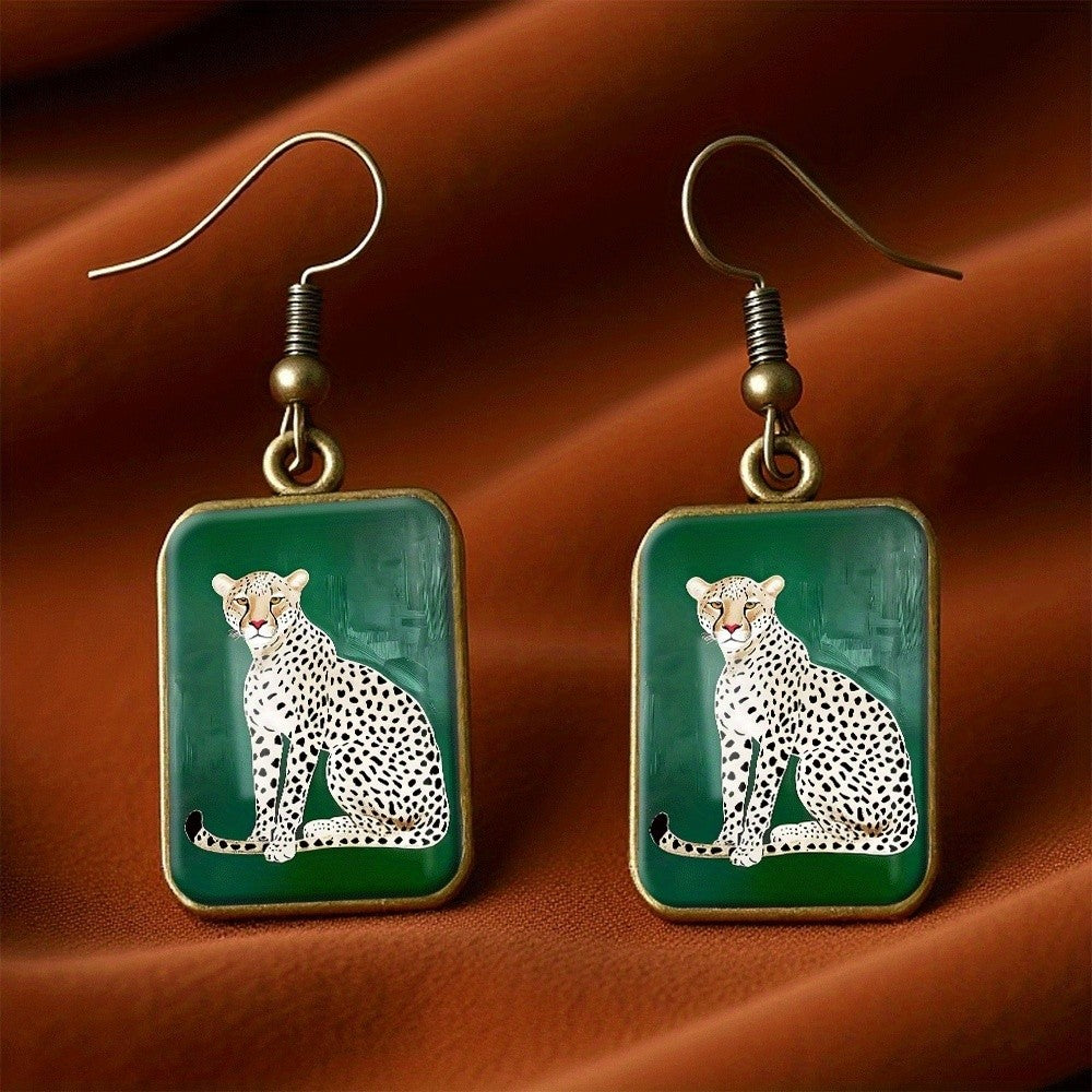 Vintage Square Cheetah Drop Earrings