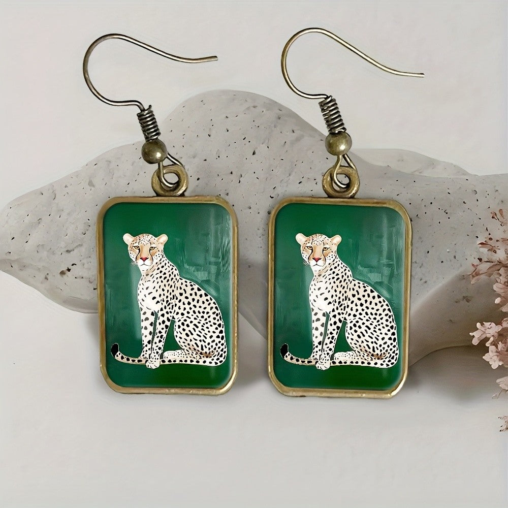 Vintage Square Cheetah Drop Earrings