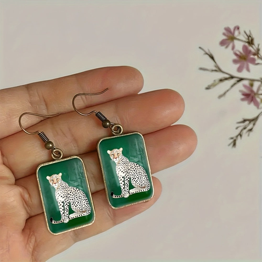 Vintage Square Cheetah Drop Earrings
