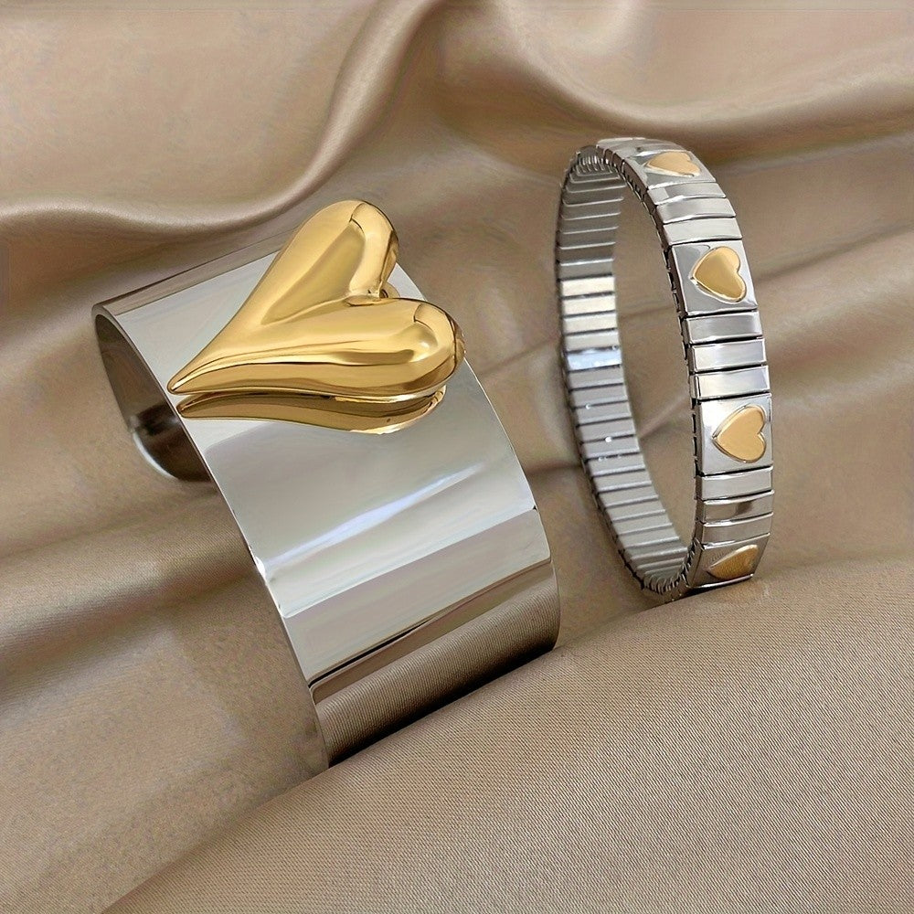Two-Tone Heart Cuff & Stretch Bracelet Set