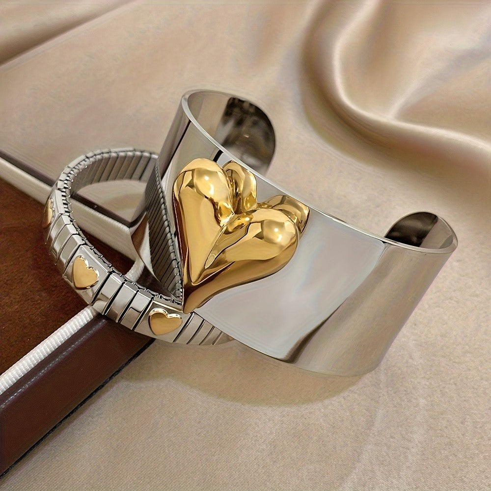 Two-Tone Heart Cuff & Stretch Bracelet Set