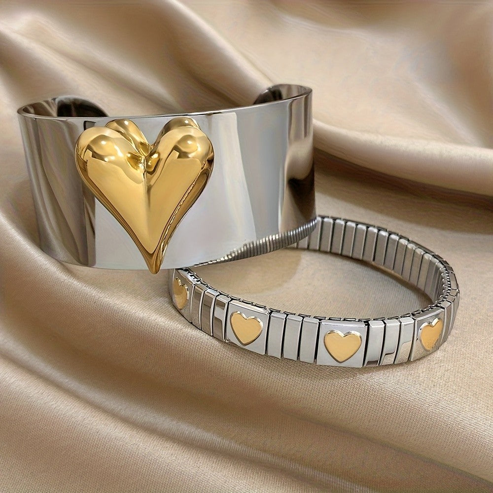 Two-Tone Heart Cuff & Stretch Bracelet Set